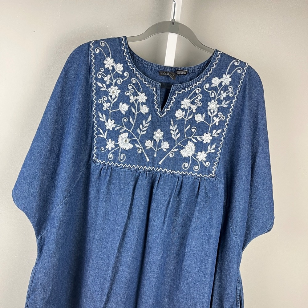 Vintage Naqui Denim Muumuu House Dress Womens L Floral Embroidered
